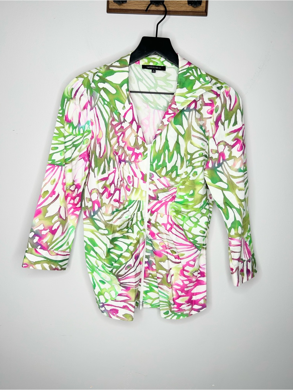 Lafayette 148 New York Abstract Floral Stretch Cotton Zip Jacket Size 6